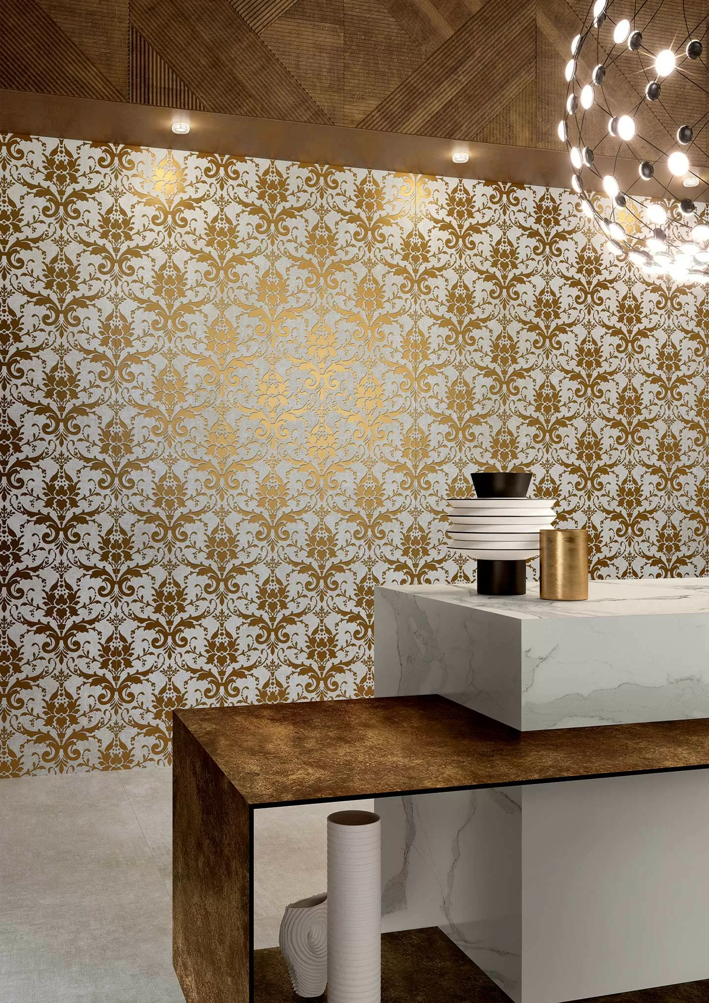 Керамогранит 752618 Tesori Decoro Broccato Bianco Argento 6mm 120x240