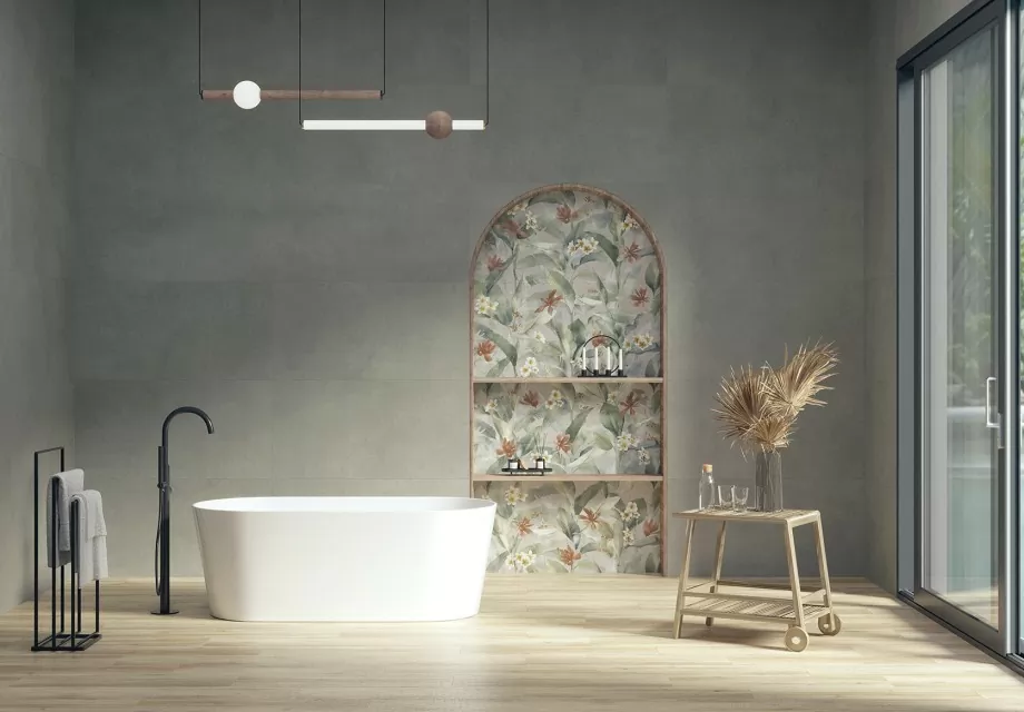 Керамогранит 17549 Floresta листья светло-серый ректификат 60x120